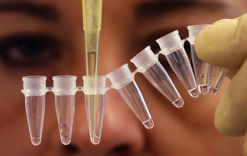 (dpa) - Genetics expert Angelika Loesch extracts with a pipet a small amount of liquid from a small specimen container at the ID-Labor GmbH, genetics laboratory in Wiesbaden, Germany, 23 October 2003. A DNA tests can conclude the paternity test with a sample of saliva within 24 hours. It is estimated that around eight to ten of percent of German children do not come from one of the married or unmarried parent.