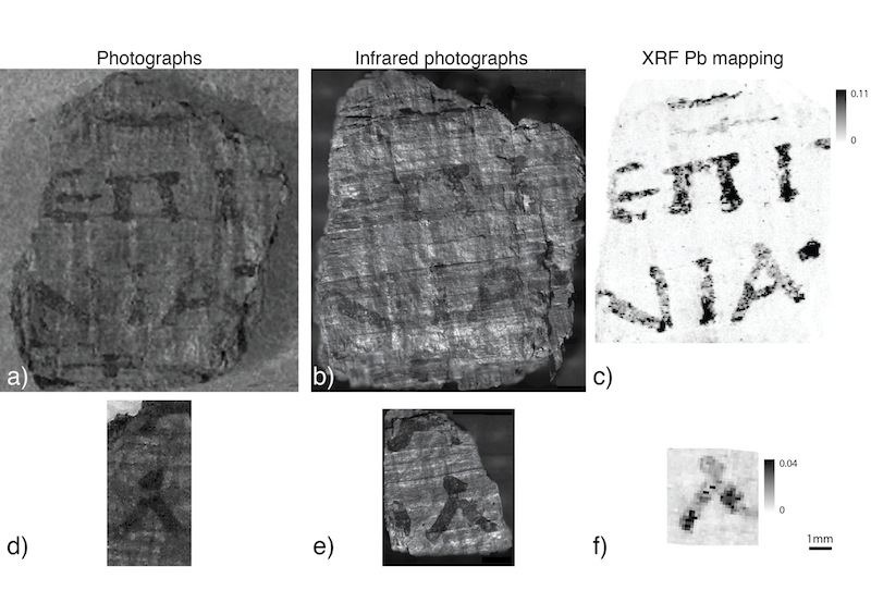 I frammenti analizzati con la scrittura leggibile nelle fotografie all’infrarosso e con luce visibile, confrontate con le mappe di fluorescenza che mostrano la chiara correlazione fra il piombo e la scrittura dei papiri ercolanesi. Da notare che la mappa del piombo è anche l’immagine in cui la scrittura ha la migliore leggibilità, se confrontata con quella delle fotografie nel visibile e nell’infrarosso.